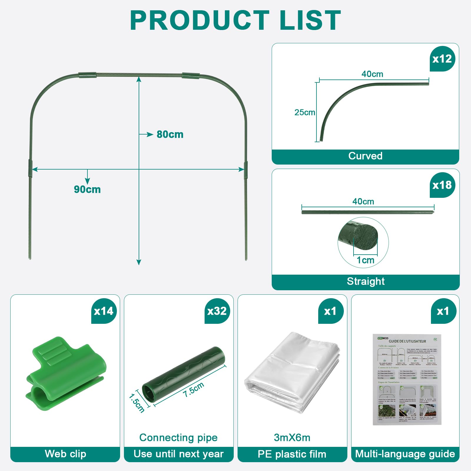 EXLECO 6Pcs Archi per Serra Orto Tunnel 80x90cm per Piante con Clips e PE Protettivo Cerchi da Giardino per Serra Coperture a Tunnel Cerchi per Serre Tunnel per Piante da Giardino per Copertura Frutta