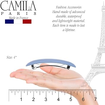 Camila Paris CP3441 French Hair Barrette Clip for Girls, Blue, Rubberized Automatic Clasp Strong Hold Grip Hair Clips for Women, No Slip and Durable Girls Hair Accessories, Made in France
