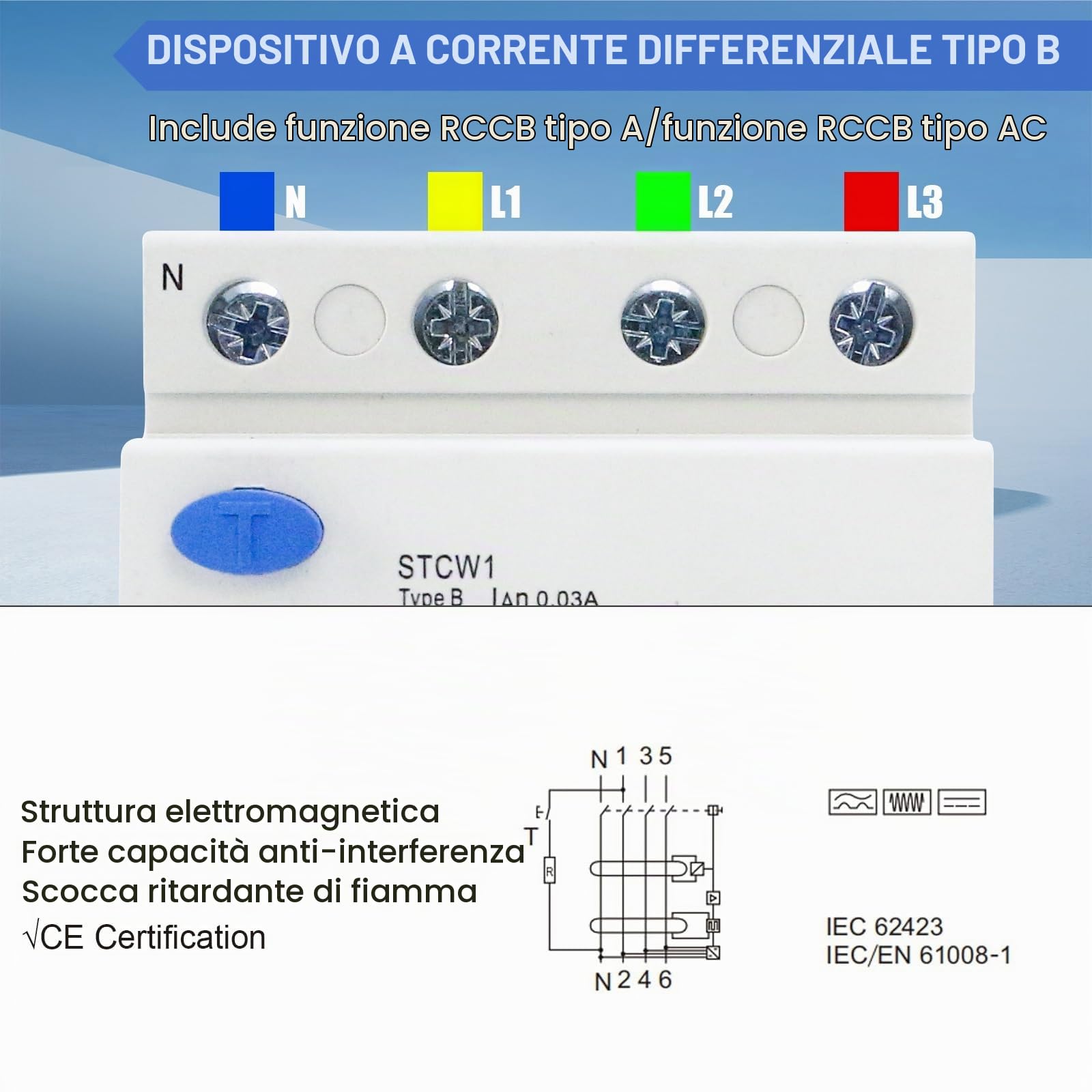Differenziale Riarmo Automatico 40A 30mA | 3P+N Interruttore Differenziale a Riarmo Automatico, Riarmo Automatico Tipo B