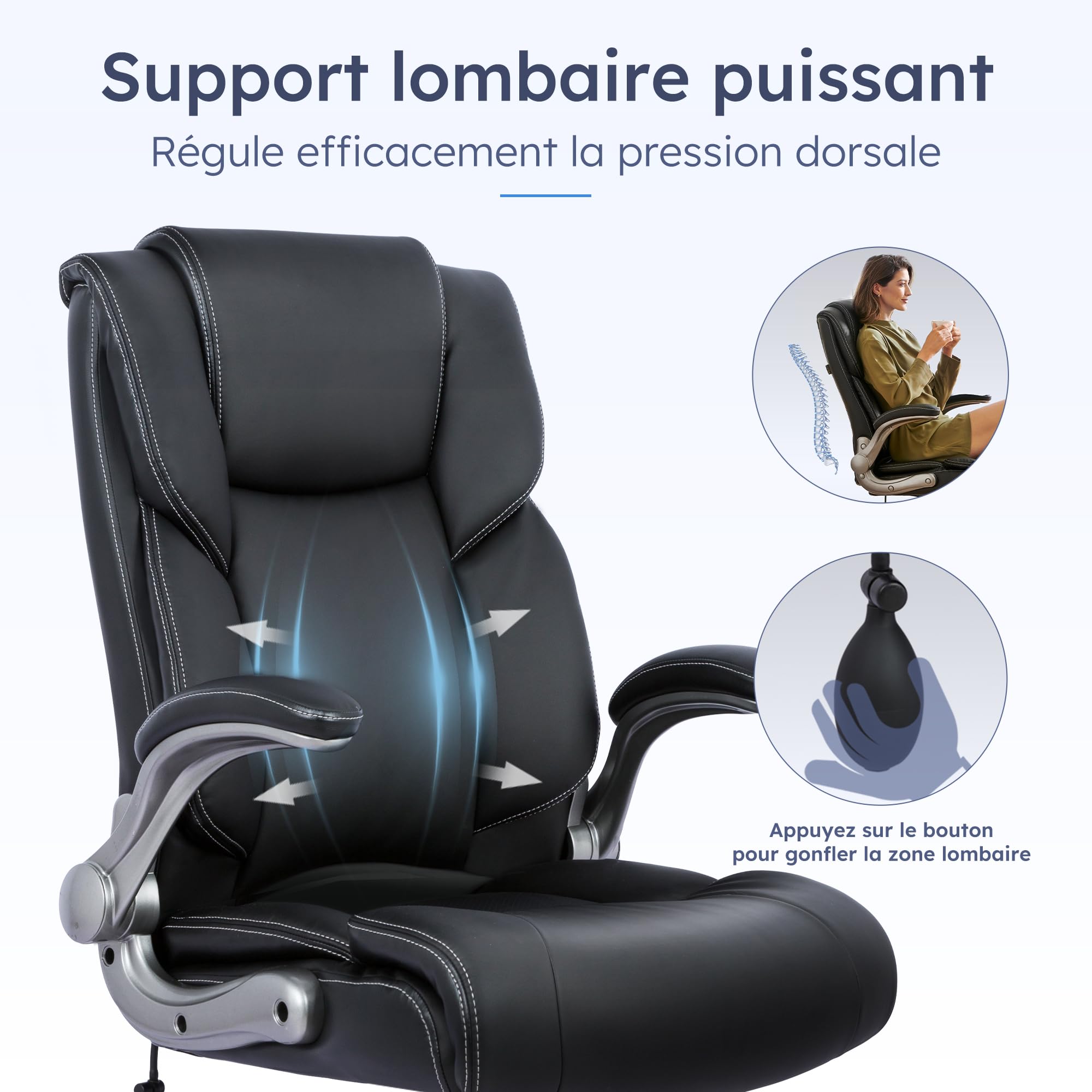 MALOL Fauteuil de Bureau Ergonomique, Siège de Direction avec Dossier Haut, Chaise de Bureau en Cuir avec Accoudoirs Rembourrés et Rabattables, Verrouillage d'Inclinaison Réglable, Noir