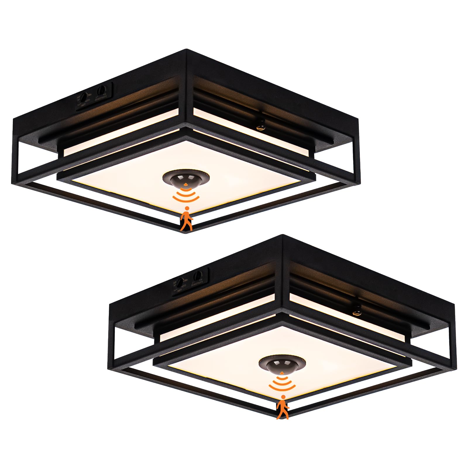 2 Pack LED Motion Sensor Outdoor Ceiling Light, Industrial Flush Mount Ceiling Light, Black Dusk to Dawn Exterior Light, Waterproof Light Fixtures Ceiling Mount for Porch, Garage, Entryway ,Farmhouse