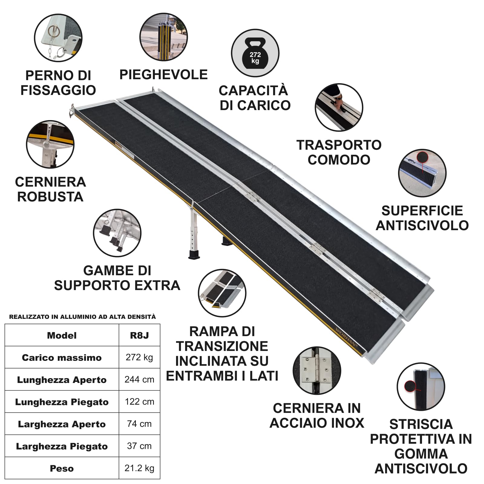 WORHAN RAMPA ANTISDRUCCIOLO CARICO A VALIGIA IN ALLUMINIO max 272 KG PER SEDIA A ROTELLE GRANDE SELEZIONE 244cm R8J