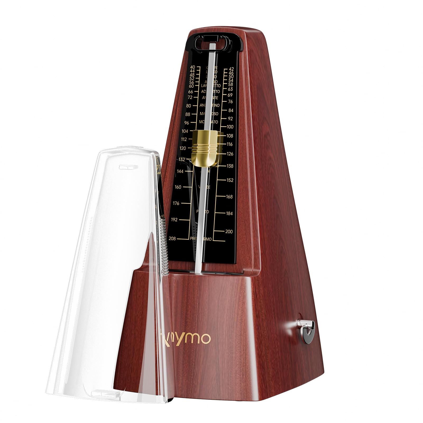 Rhymo Metrónomo Mecánico para Piano/Violín/Guitarra/Bajos e Instrumentos de Viento, Beat Preciso, 40-208 BPM con 4 Modos de Ritmo (2/4, 3/4, 4/4, 6/8), Diseño Clásico de Cuerda(Nogal)