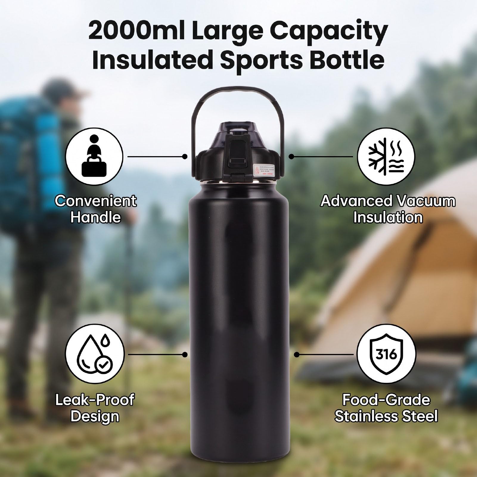 AMONIDA Bouteilles D'eau 2000ML étanches avec Couvercle 2 en 1 pour Salle