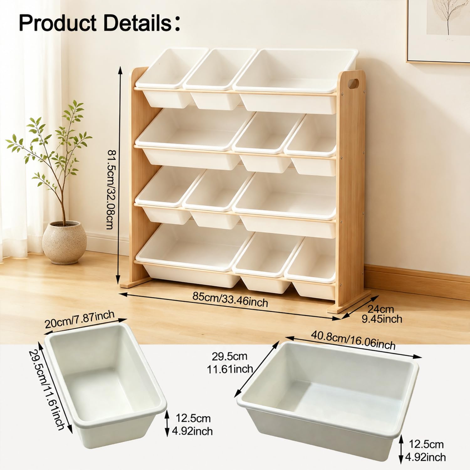 Kinderregal mit 12 Boxen,Spielzeug Organizer Naturholzfarbe