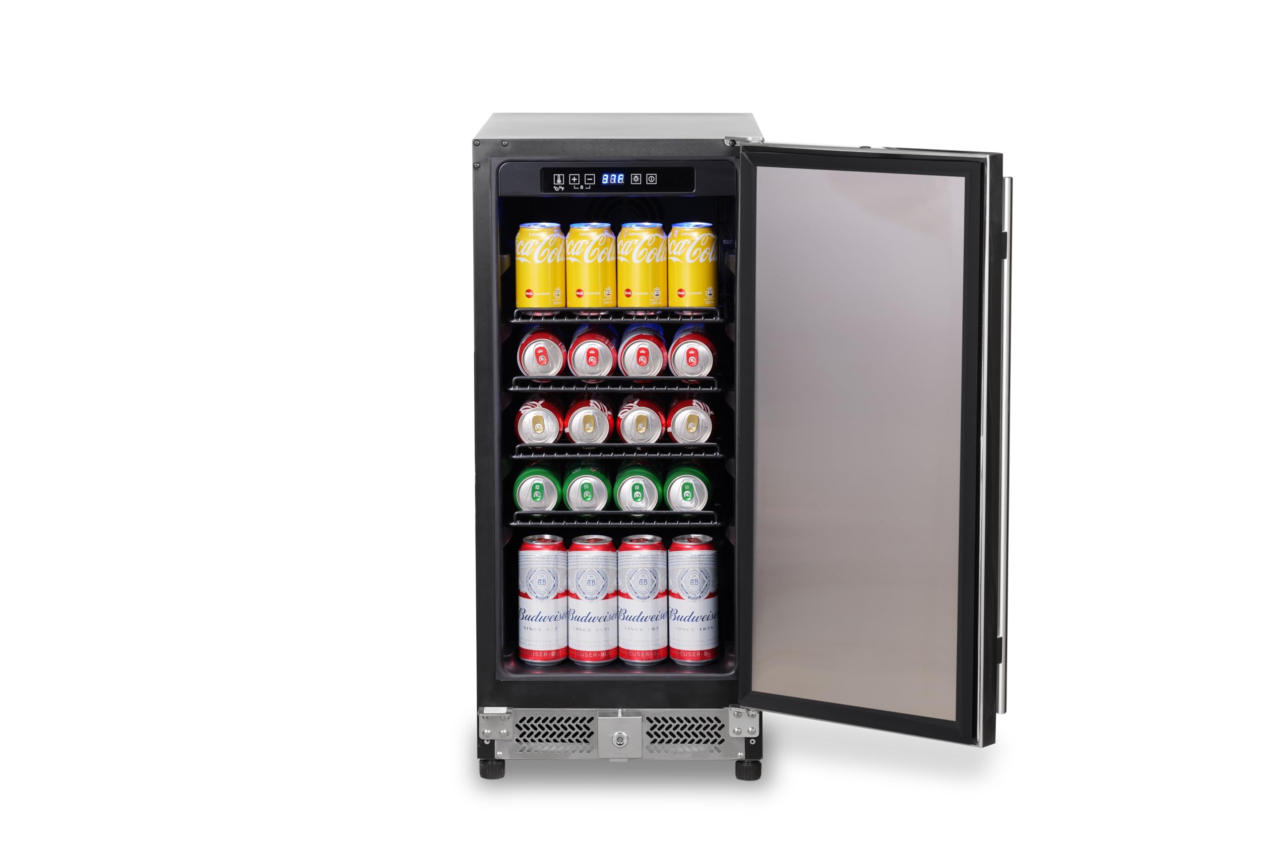 15 inch under counter beverage refrigerator, 126 cans built-in or freestanding drink fridge with insulated door,ideal for indoor or outdoor bar, kitchen, garage