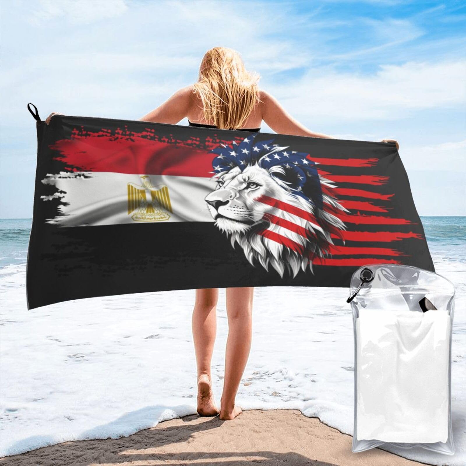 HACXZ Microfiber Beach Towel America Flag and Egypt Flag Large Camping Towel Bathroom Beach Towels