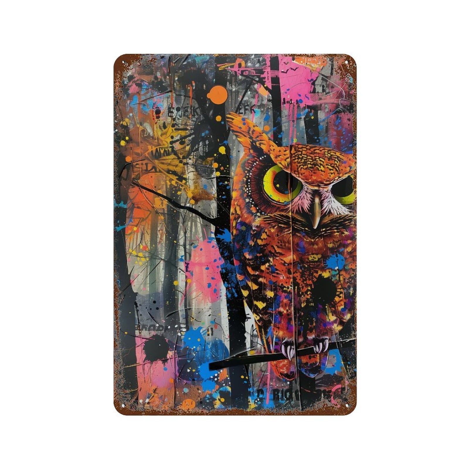 Rust Effect Colorful Abstract Owl Art Print Weathered Tin Sign 11.8"x7.9", Novelty Wall Decor for Office, Studio And Wall Decor
