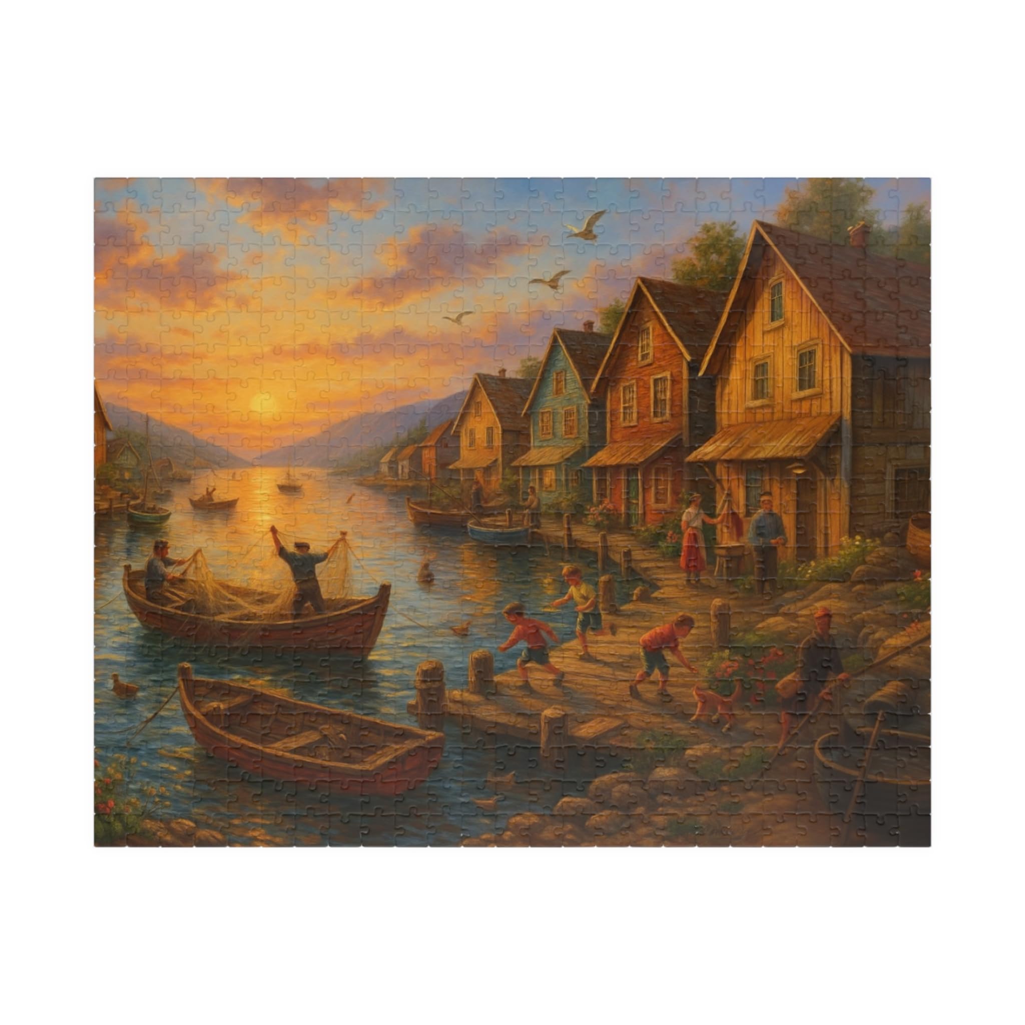 Fishing Village Sunset Challenging Jigsaw Puzzle for Adults Nature Lovers Family Activity Game Stress Relief