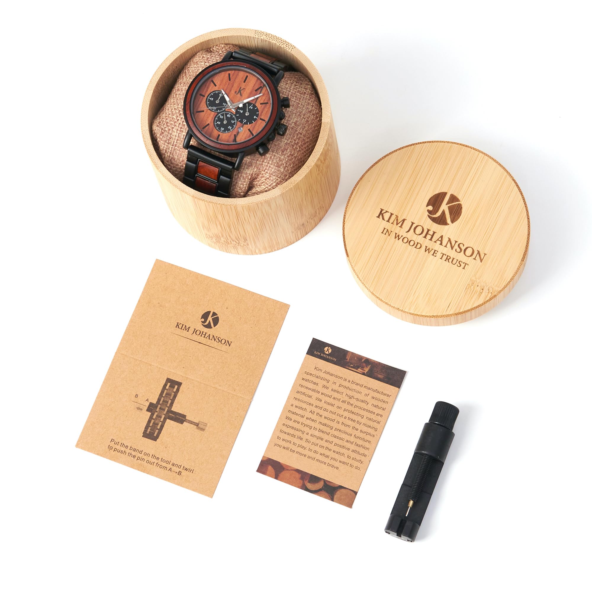 Kim Johanson® Holz-Edelstahl Armbanduhr *Military* für Herren in Braun | Chronograph mit Stoppuhr & Datum | Handgefertigt | Quarz | Analog Uhr | Geschenk | Verstellbares Armband | Inkl. Uhrenbox