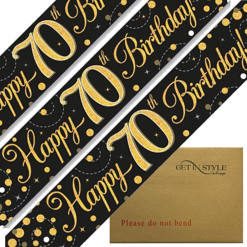 9ft Banner Sparkling Fizz 70th Birthday Black & Gold Holographic Foil Pennant (274cm)