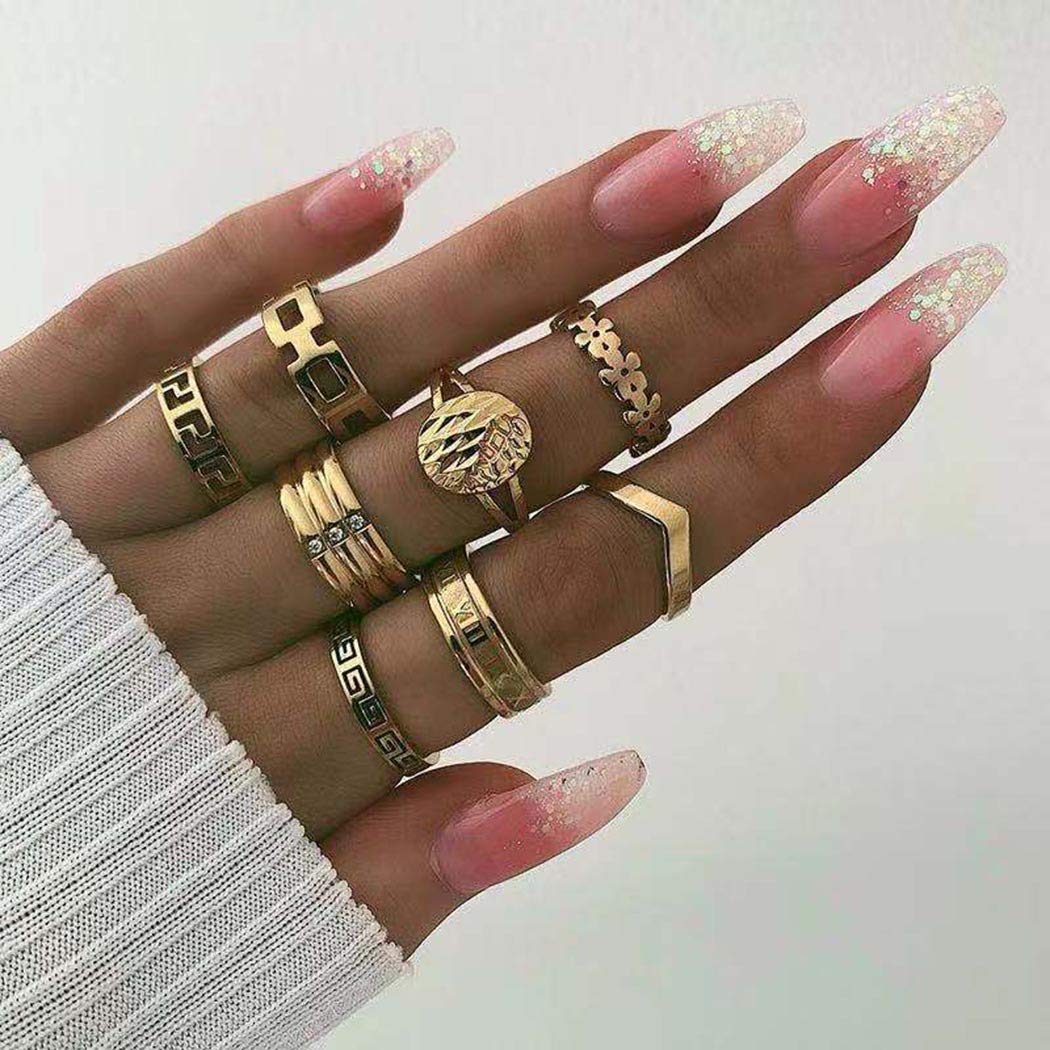 Victray Boho Rings Gold Hollow Carved Ring Set Stylish Fashion Bracelets  Hand Accessories Jewelry for Women and Girls(8 PCS)