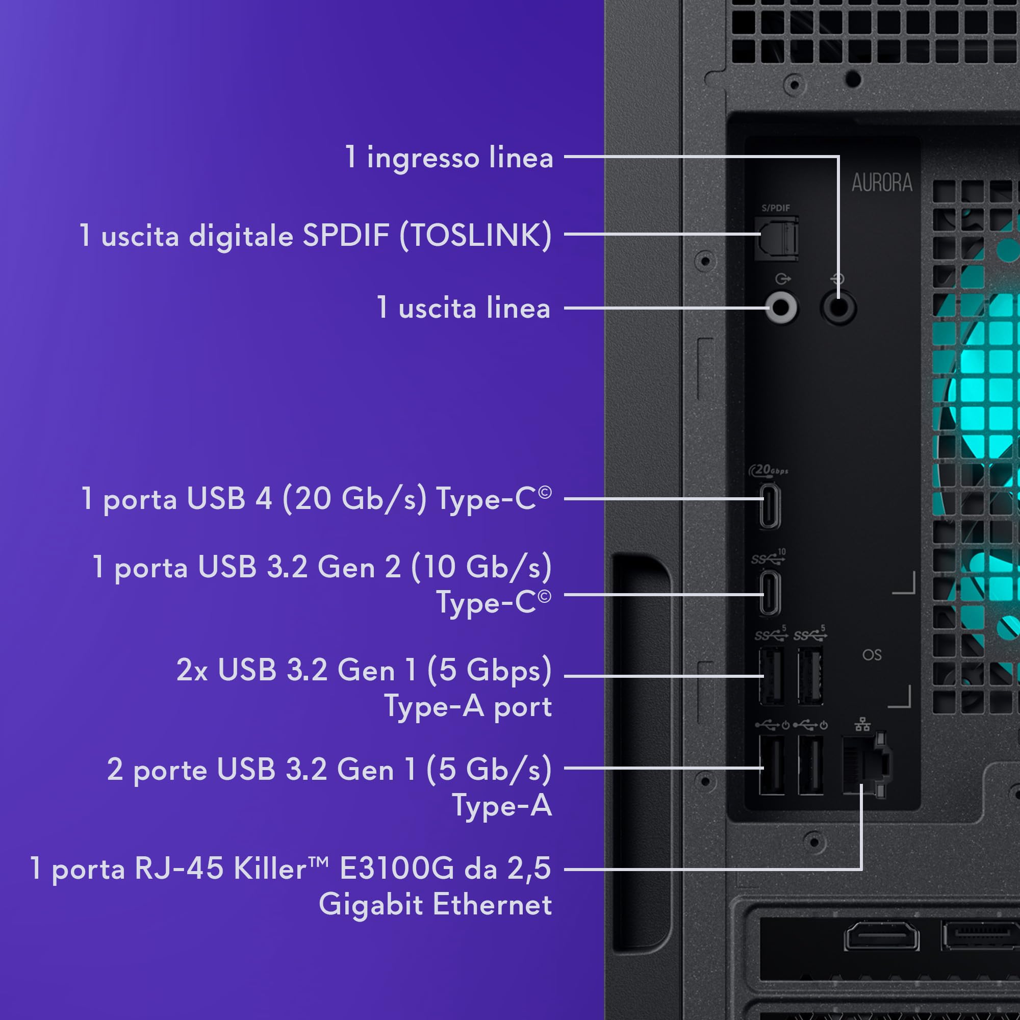 Alienware Aurora Desktop ACT1250, Intel Core Ultra 7 265KF, Windows 11 Home | NVIDIA GeForce RTX 5070 12GB GDDR7, 32GB DDR5 RAM, 1TB SSD, Wi‑Fi, Bluetooth, Ethernet 2.5G, Pronto per gaming