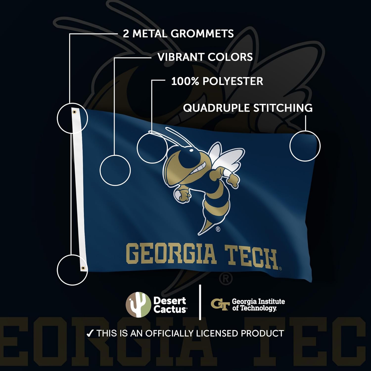 Desert Cactus Georgia Tech GT Flag - 3 x 5 Feet Yellow Jackets Banner, Indoor/Outdoor Durable Fabric, 100% Polyester Design (Style 3) - Image 4