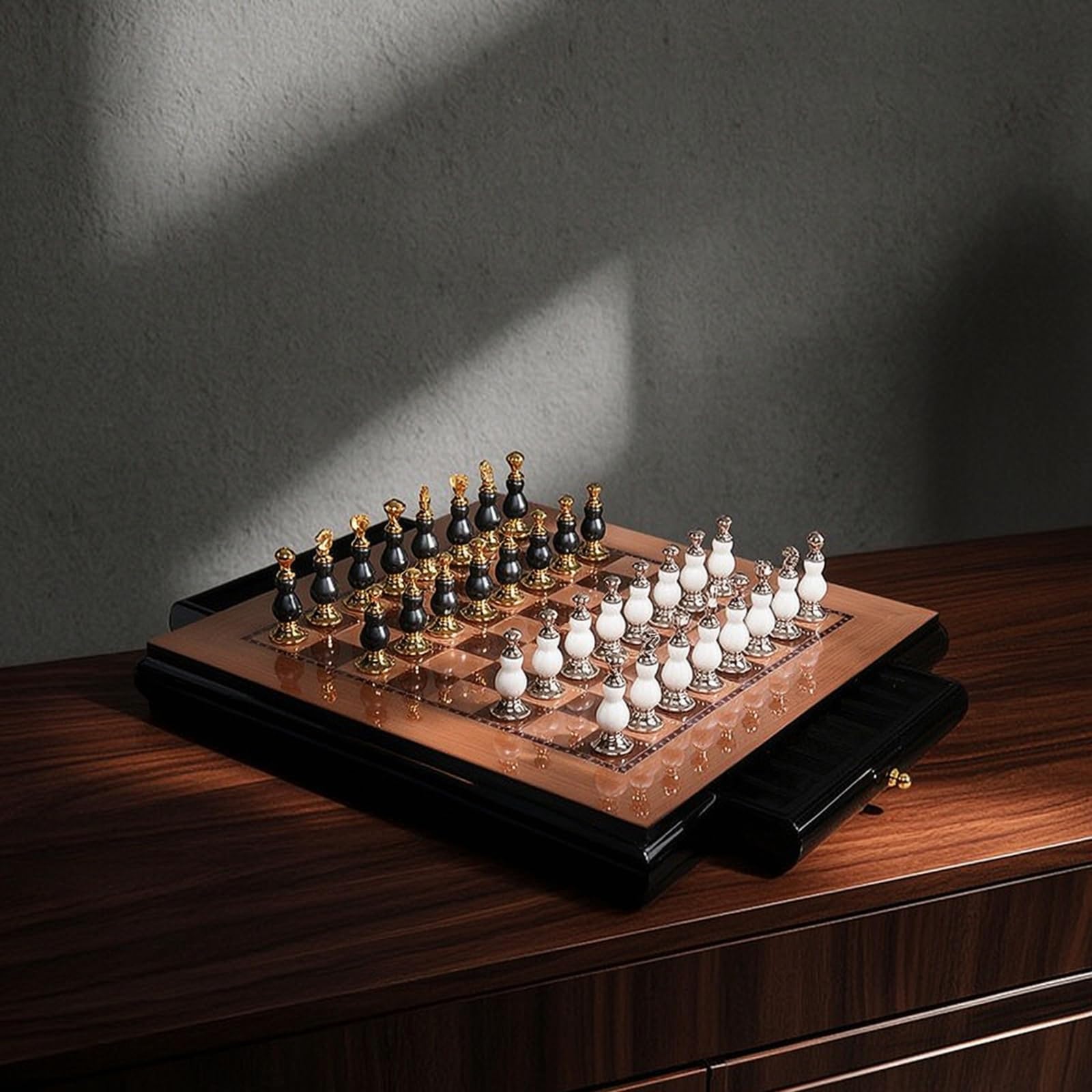 Ajedrez Tablero Juego con Tablero de Madera Juego de Piezas Cajones Superficie Reluciente y Estilo Sofisticado Adecuado para Amigos Hogar Oficina, 40 40 6CM, Borde Recto 7kg
