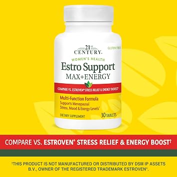 21st Century Estro Support Max + Energy Vegetarian Capsules, 30 Count | Women's Multi-Function Menopause & Energy Support, Compare VS. Estroven Stress Relief & Energy Boost
