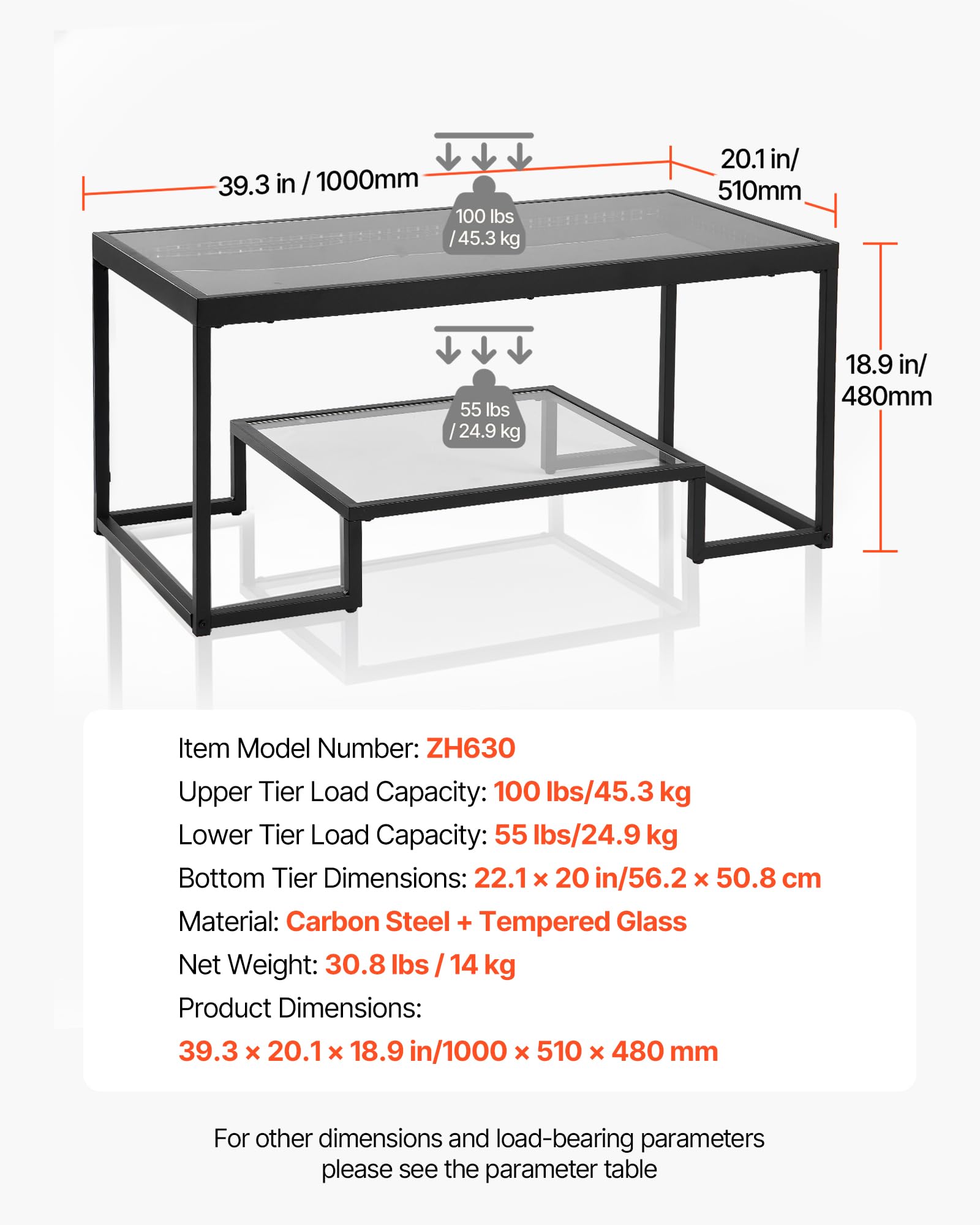 VEVOR Tavolino da Caffè da 100 x 51 x 48 cm in Vetro e Metallo Temperato con Illuminazione, Tavolo Rettangolare con Due Livelli e Spazio di Archiviazione Aperto, per Soggiorno Ufficio Nero