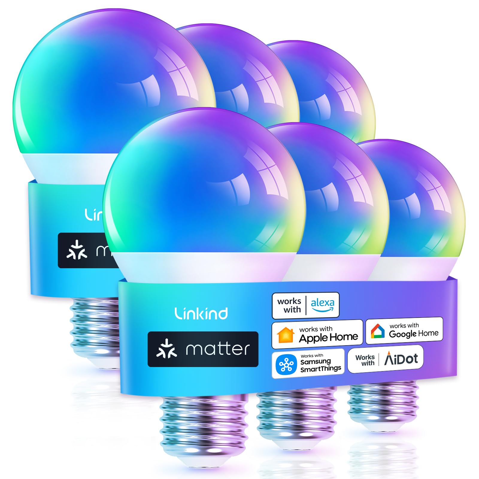 Linkind Matter Smart Light Bulb, WiFi Smart Bulbs, Work with Apple Home, Siri, Alexa, Google, SmartThings, RGBTW Color Changing Bulbs Mood Lighting, Music Sync, A19 E26 60W, 2.4Ghz WiFi 6 Pack