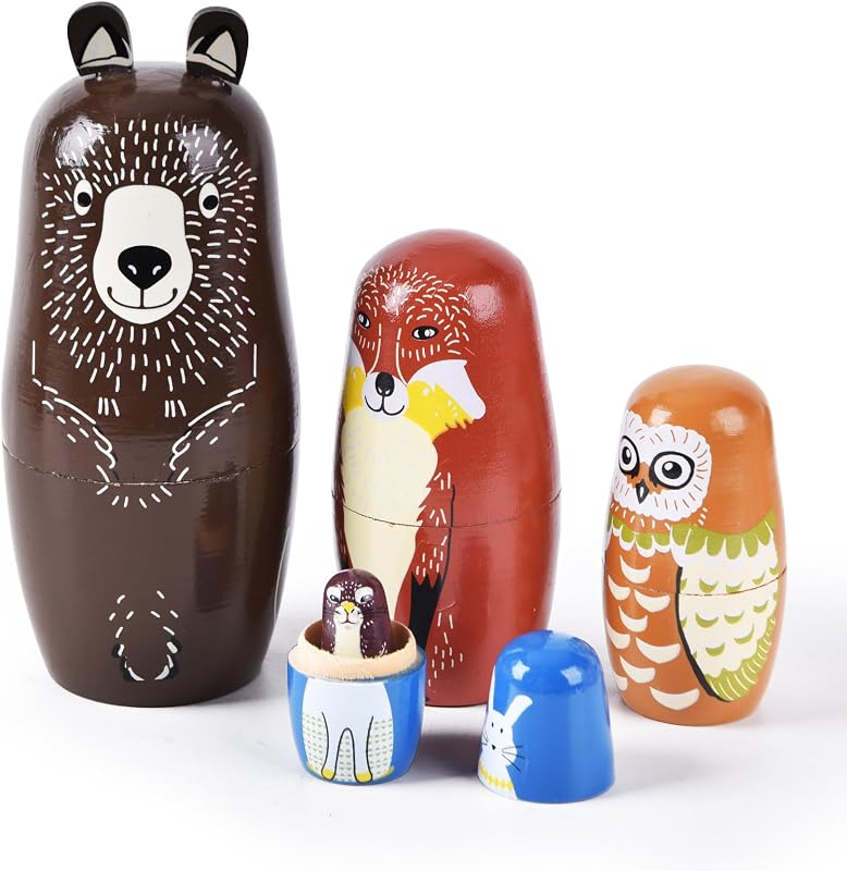 Muñecas rusas anidadas, juego apilable de madera de oso pardo, 5 piezas | Diseño de oso pardo, juego de madera de 5 piezas, decoración de exhibición apilable, regalo para niños, adultos y coleccionistas