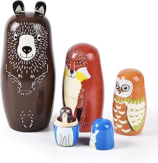 Nesting Dolls, 5Pcs 6" Tall Russian Nesting Dolls, Handmade Matryoshka for Kids, Wooden Stacking Toys for Christmas Home Wedding Party Decorations (Brown Bear)