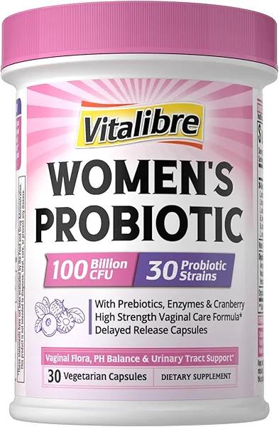 Vitalibre Probiotics for Women 30 Strains, 100 Billion CFU Vaginal Probiotics with Digestive Enzymes, Prebiotics & Cranberry for Urinary Tract Health, pH Balance, 30 Veggie Capsules