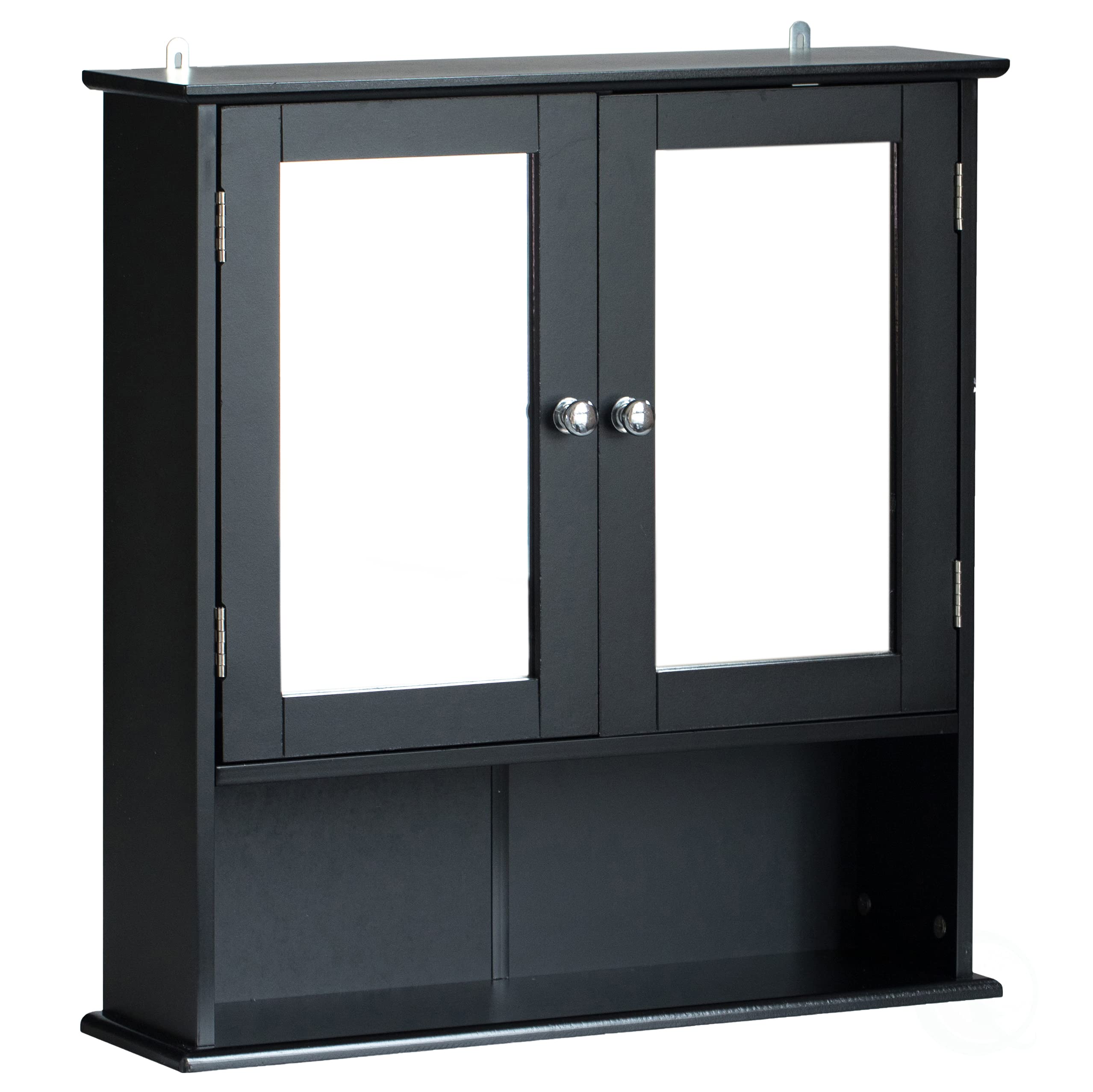 Basicwise Espejo negro montado en la pared baño y vanidad con estantes ajustables gabinete