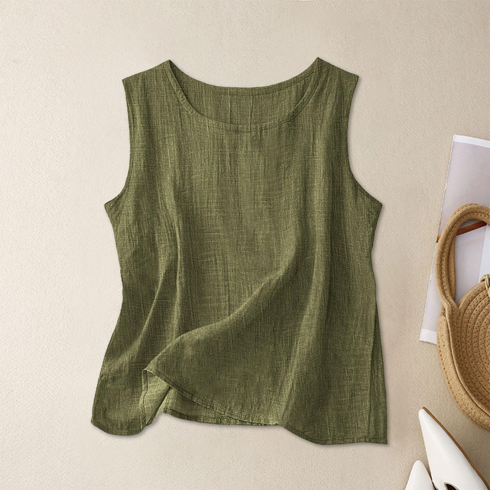 Linen Shirts for Women Linen Crewneck Tank Tops 2026 Spring Summer Beach Sleeveless Tops 2026 Fashion Vacation Shirts — view 3