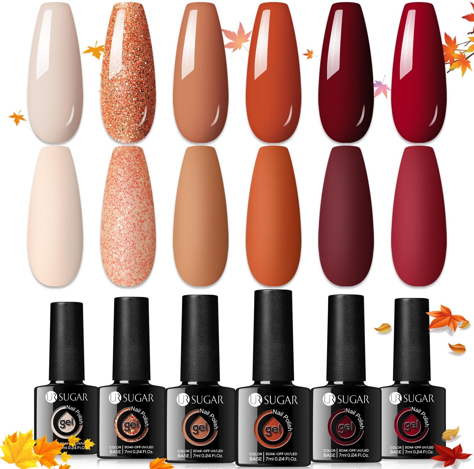 UR SUGAR Gel Nail Polish Set, 6 Colours Autumn Winter Gel Nail Polish Nude Caramel Pumpkin Burgundy Red Orange Glitter Halloween for Women Soak off Manicure Kit