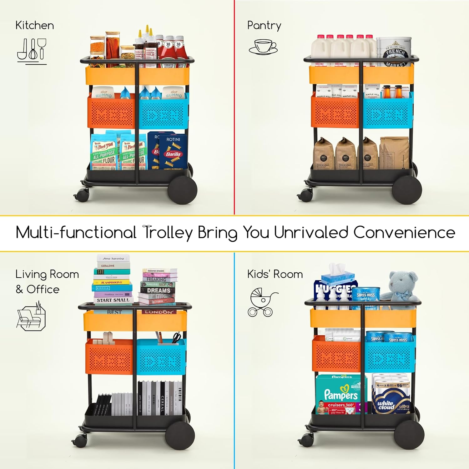 MEEDEN 3 Tier Rolling Utility Cart: Metal Heavy Duty Storage Cart Organizer with Wheels - Portable Tool Trolley for Home Office Kitchen