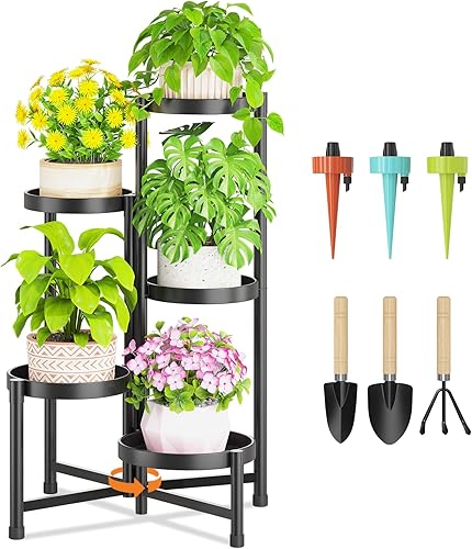 LASZOLA Soporte de plantas de 5 niveles plegable alto para interior con múltiples macetas grandes, estante de flores ajustable de metal resistente