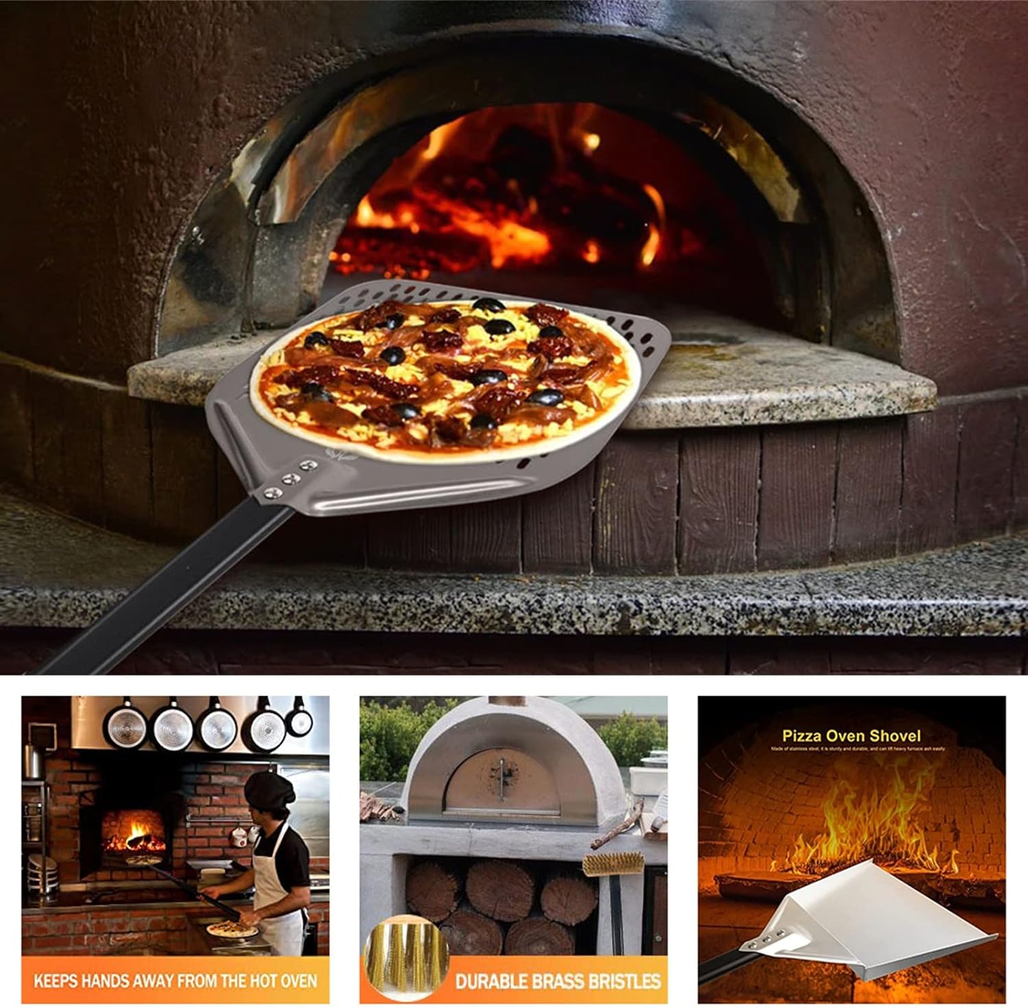 Pizza Oven Tool 4 Pcs Set, 14" Square and 9" Circular Hard Anodized Pizza Peel, 43" with Steel Scraper Clean Copper Brush, 41.3" Stainless Steel Oven Ash Shovel
