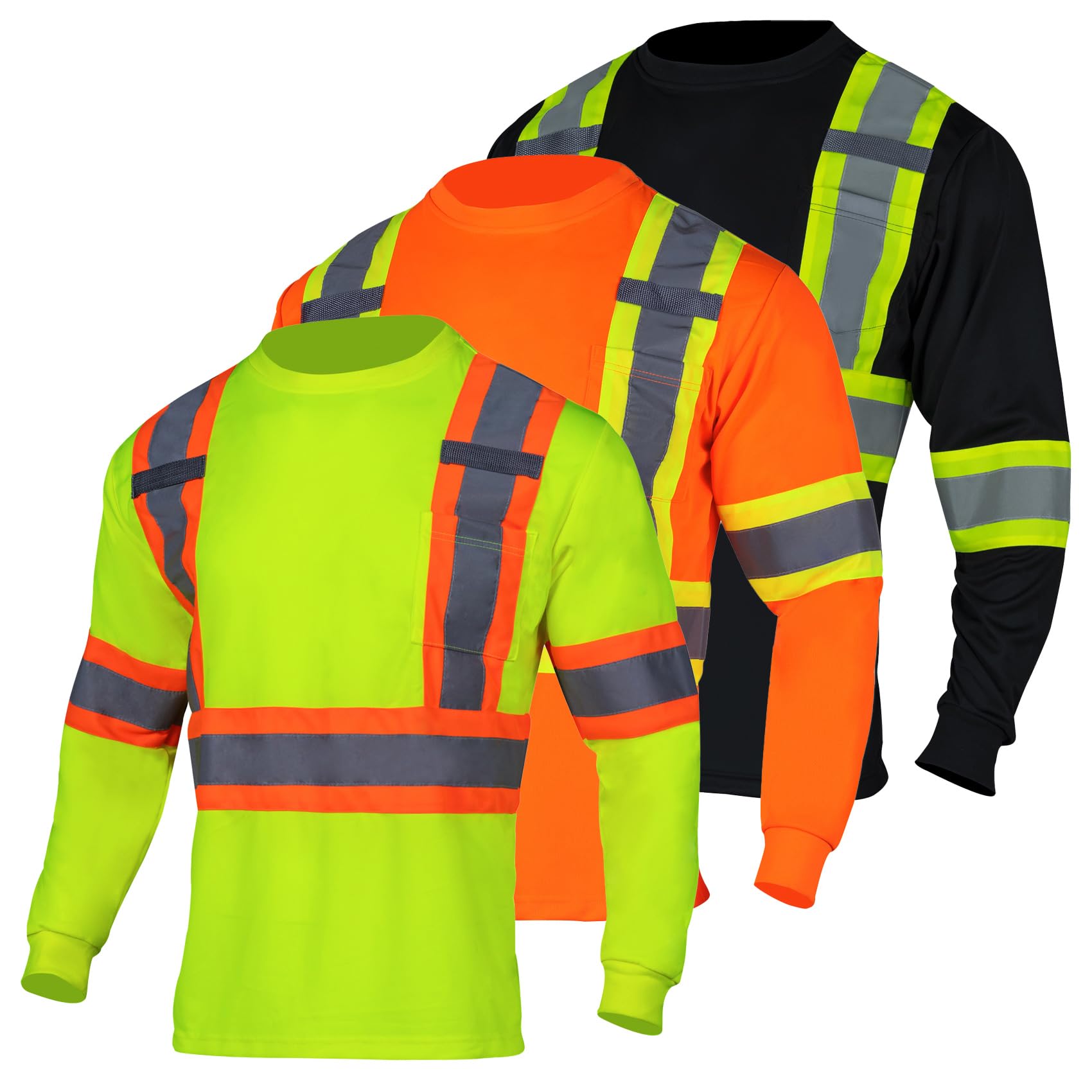 VENDACE Safety T Shirt Reflective High Visibility 3 Packs Hi Vis Long Sleeve Construction Work Shirt