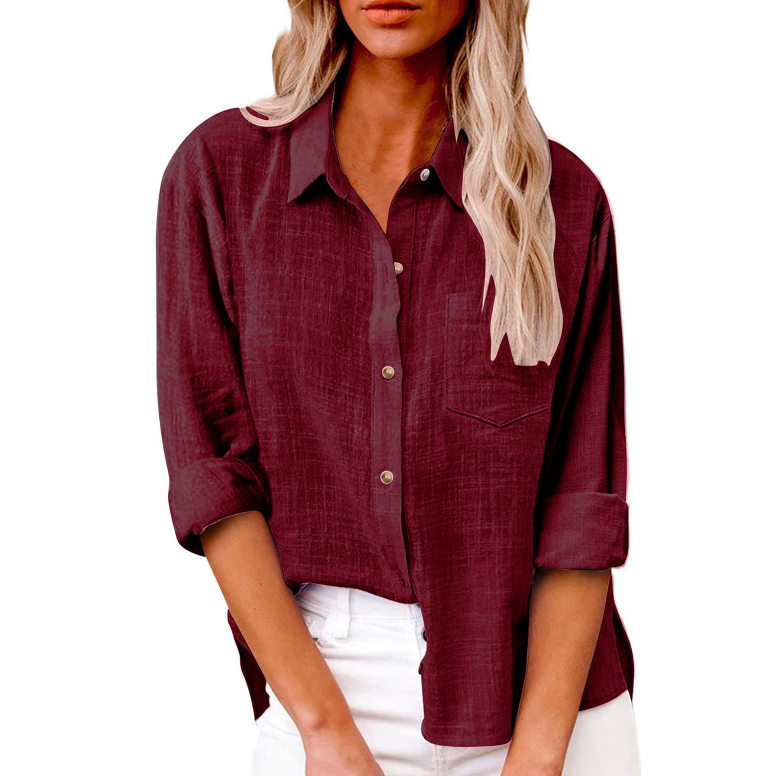 Camicette da donna in lino con bottoni 2026 casual estive leggere alla moda con spacco laterale a maniche lunghe Camicette in mussola tinta unita vestibilità ampia abiti in garza oversize con colletto