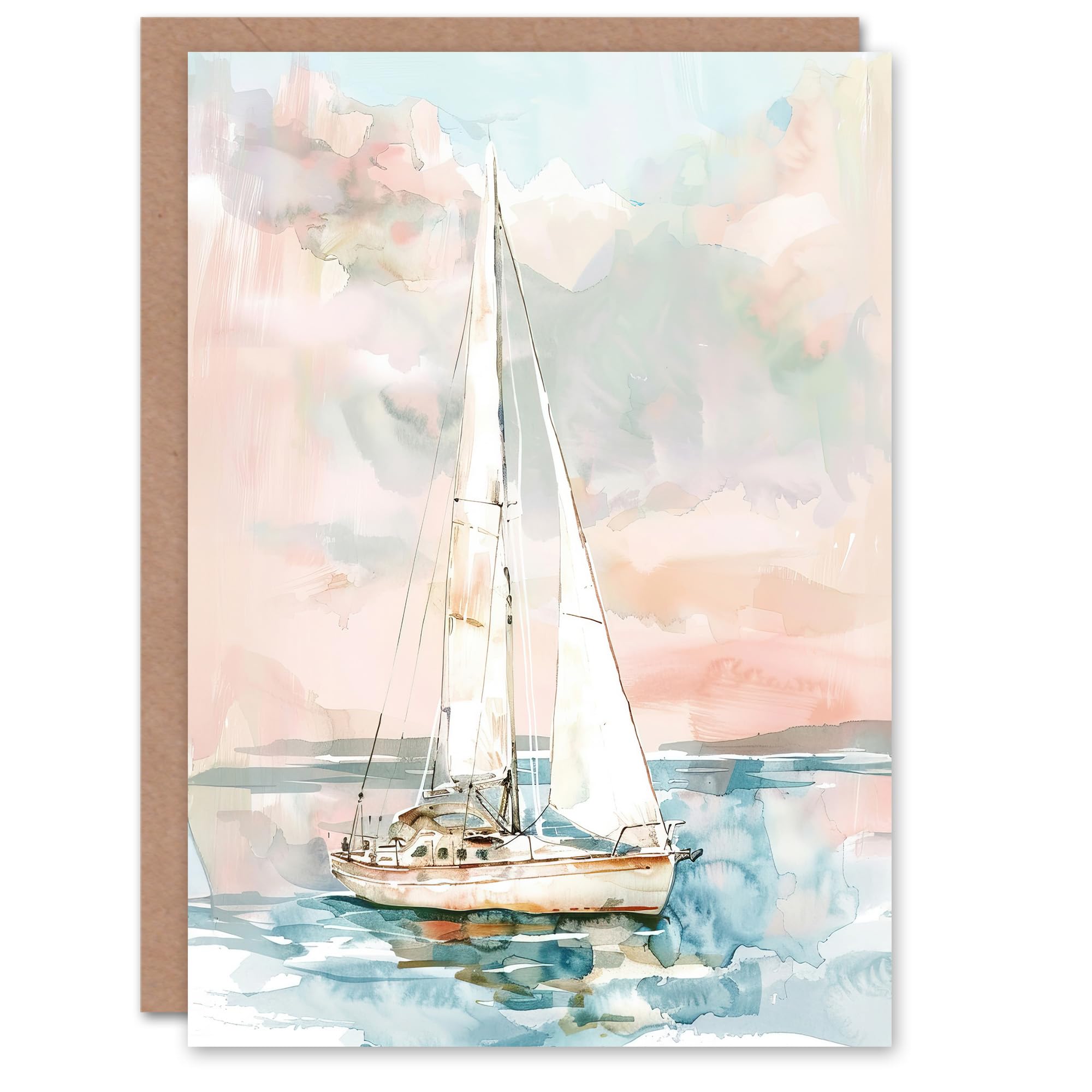 Artery8 Greeting Card Sailboat Early Morning Seascape Watercolour Blank For All Him Or Her Art Birthday Card