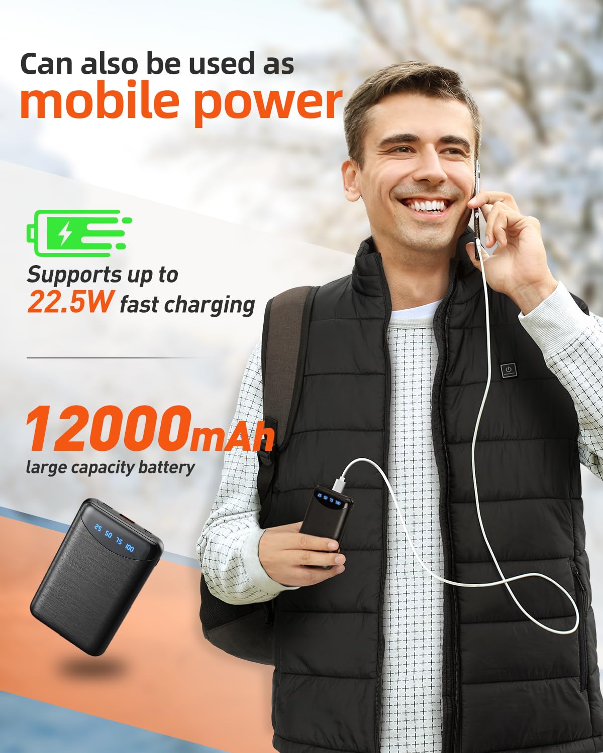 POSUGEAR Chaleco Térmico con APP Control para Hombre, Batería 12V 12000mAh, Función de Energía Móvil, Chaleco Ligero con Amplio Rango de Calentamiento (XL, Negro)