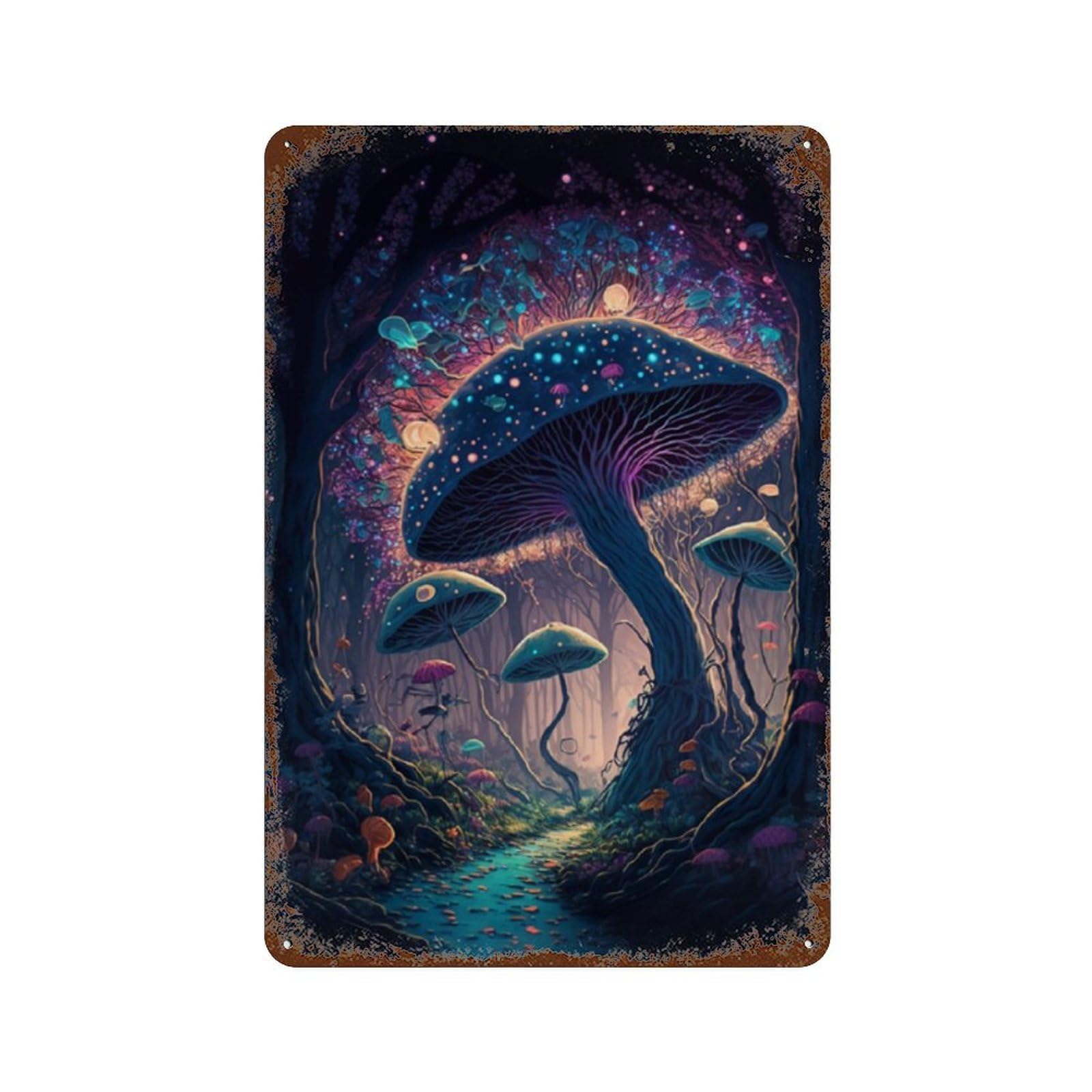 Vintage Rust Metal Sign with Fantasy Mushroom Forest Pathway Design 11.8"x7.9", for Office, Studio And Wall Decor, Farmhouse Wall Decor