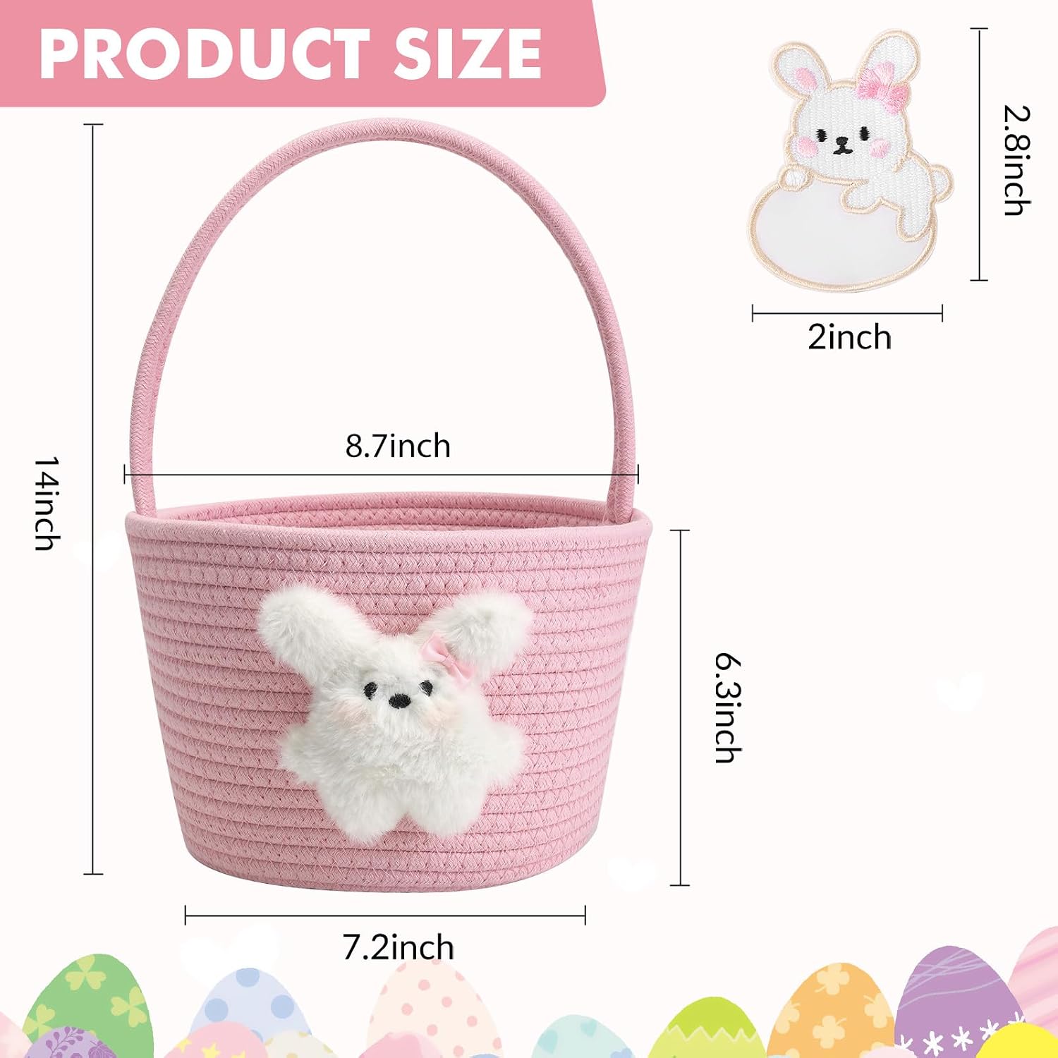Pink Easter Basket for Kids, Reusable Woven Basket with Handle, Bunny Easter Gift Bag for Girls & Toddlers, Egg Hunt Bag (pink)
