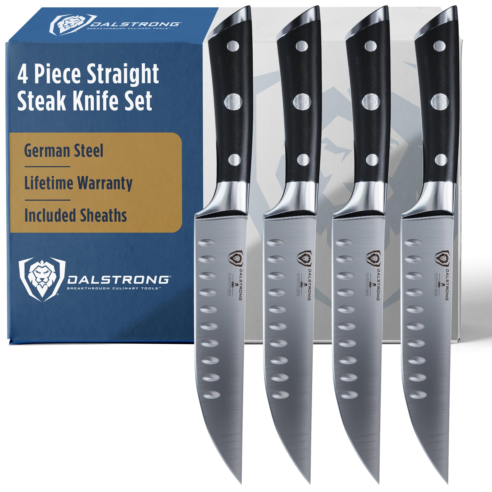 Dalstrong Non Serrated Steak Knives Set of 4-5 inch Straight Blade Steak Knife Set - Sheaths - Forged German Steel - Black G10 Handle - Gladiator Series Elite - Dinner Set - NSF Cuchillos para Carne