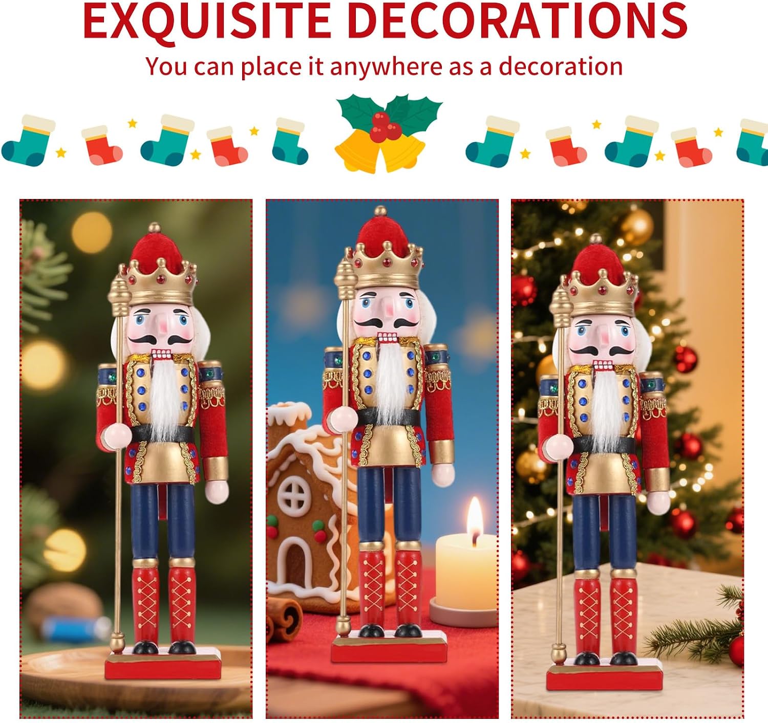 11.8 Inch Christmas DecorNutcracker Ornaments, Wooden Nutcrackers Figures, Festive Collectible Gift for Table Desktop Fireplace Thanksgiving Christmas Decorations, Red King