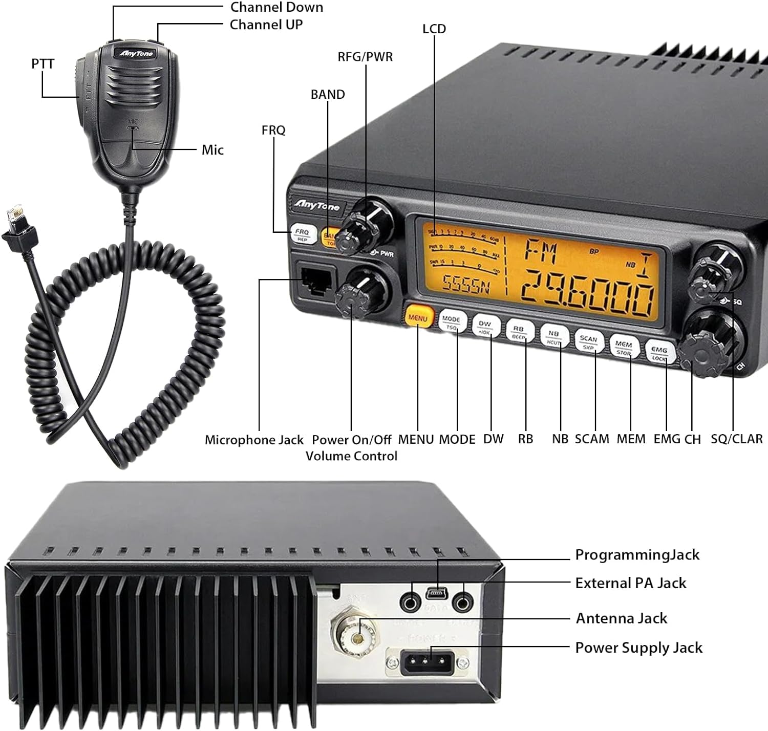 Upgraded AT-5555N II 10 Meter Radio with Original Programming Cable for Truck, 10 Meter Ham Radio Noise Reduction High Power 60W AM PEP/50W FM/SSB 60W(PEP) Mobile Transceiver with CTCSS/DCS