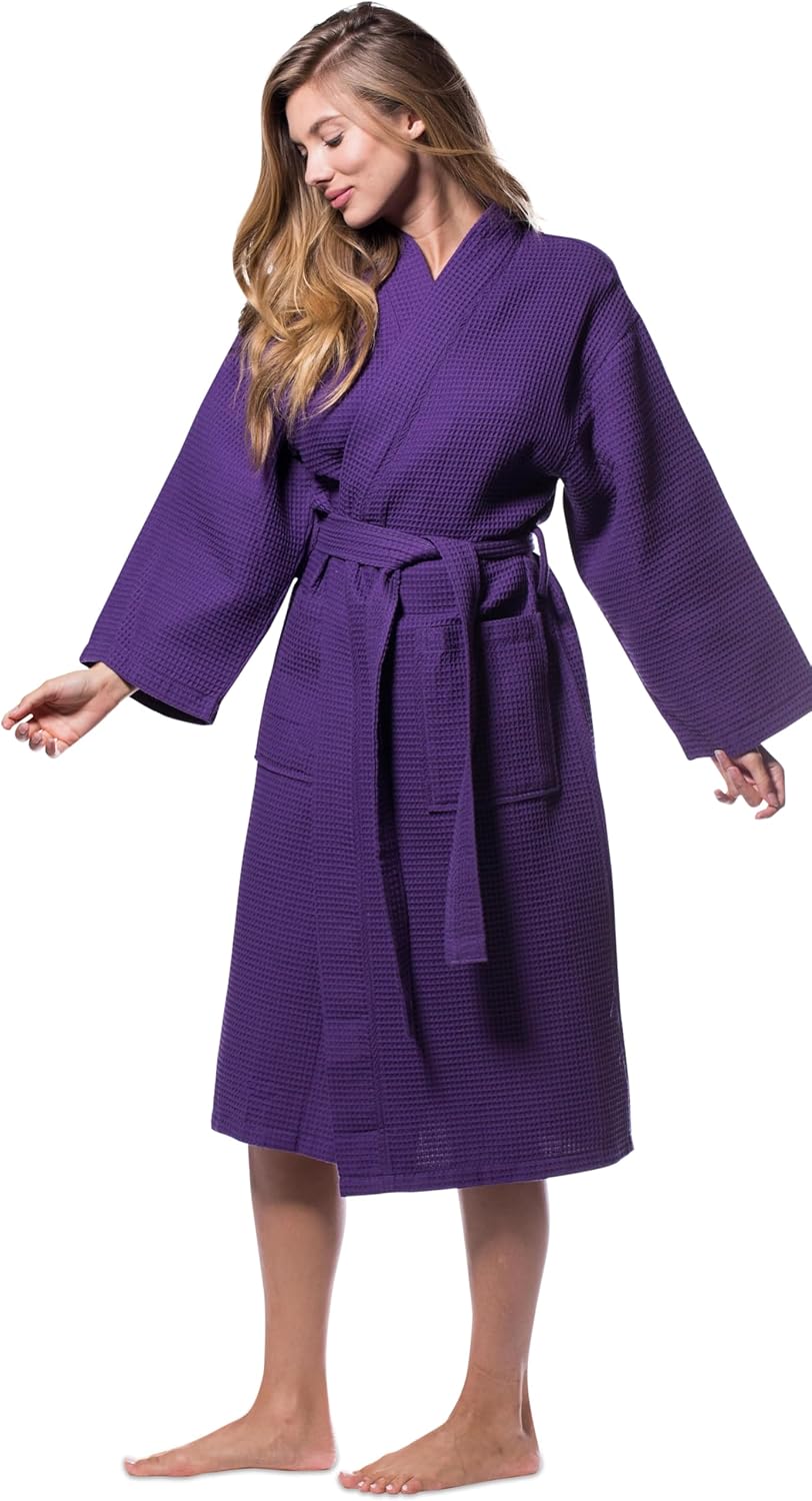 Purple Lightweight Cotton Blend Waffle Kimono Spa Robe S/M