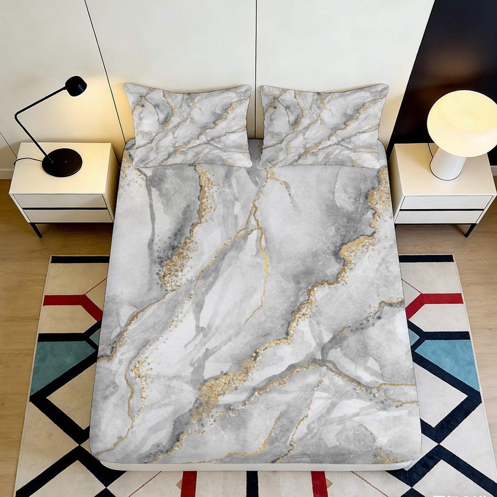 Pnayamiorkfel Style-1 3D Printed Marble Gold Vein Fitted Sheet Microfiber Soft Breathable Abstract Stone Bed Cover For Bedroom Guest Room Decor 90X200x25cm