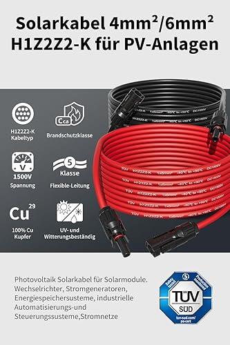 Câble Solaire 4mm²/6mm², Cable Panneau Solaire 1/2/3/5/8/10/12/15/18/20M, IP67 Étanche, Câble d'extension de Câble Solaire avec Connecteurs Mâles et Femelles pour Panneau Solaire(6mm² 5M) - 2