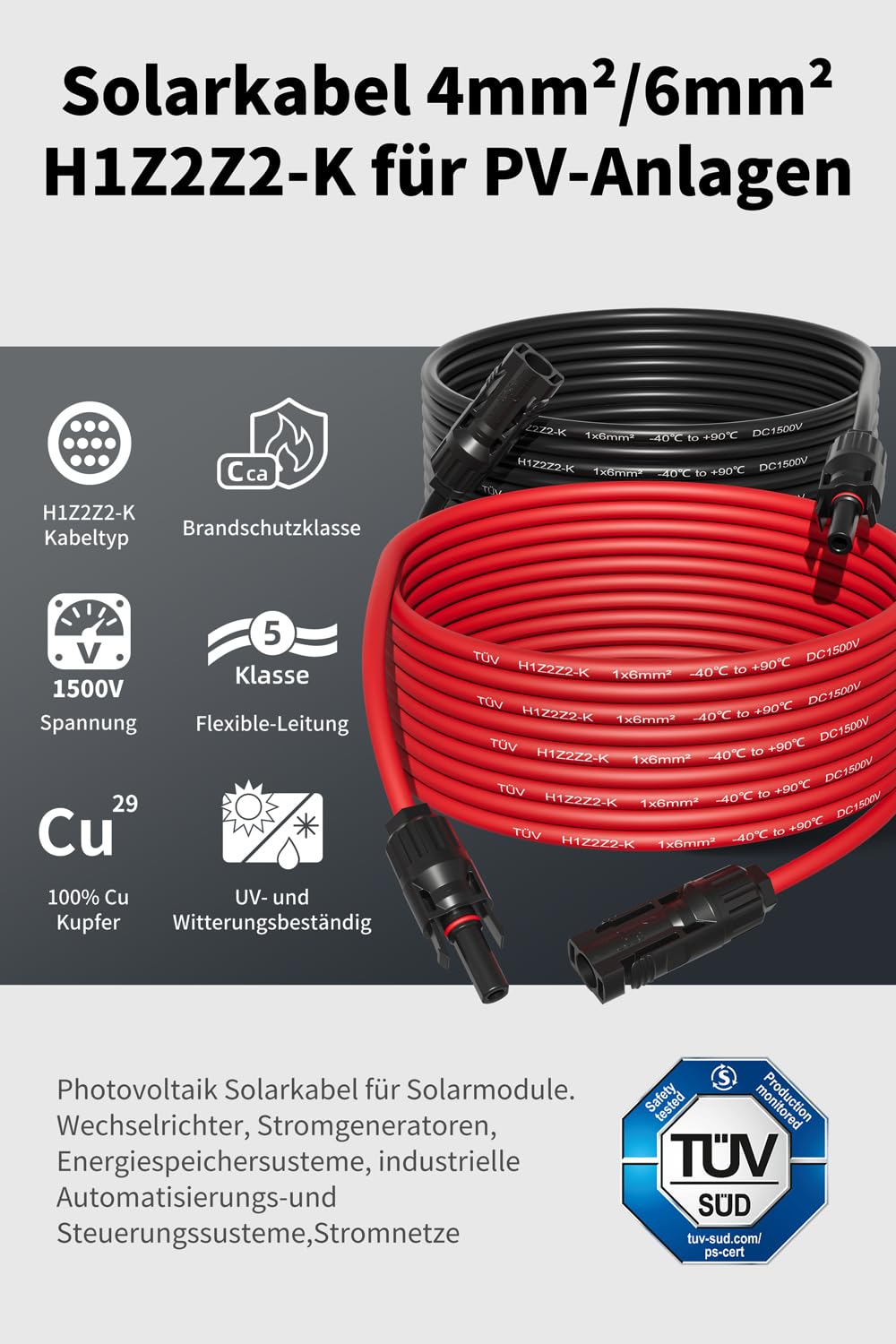 6mm2 Solarkabel Solarkabel Solarleitung PV Kabel 4mm² 6mm² Reines Kupferkabel Solarkabel 2 M