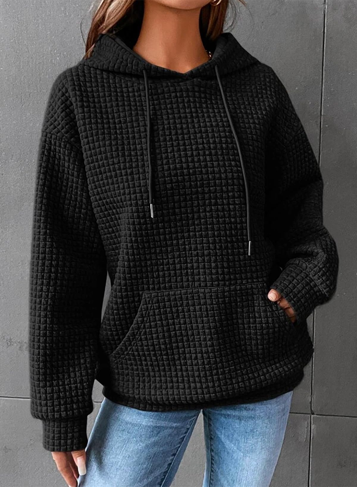 Dokotoo Kapuzenpullover Damen Hoodie Waffel Pullover mit Taschen Kordelzug Sweatshirt Einfarbig Langarmshirt Lässig Oberteile S-XXL