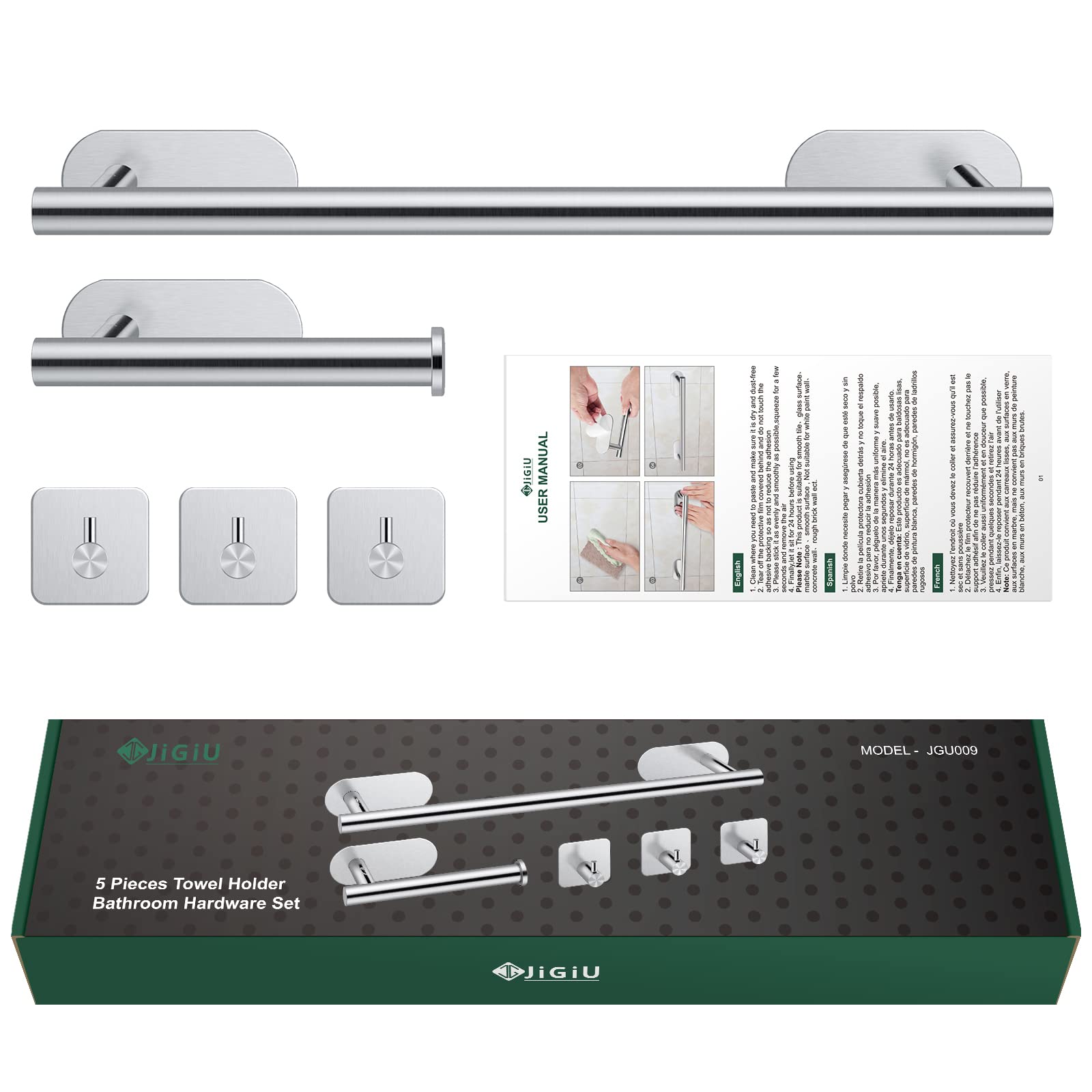 JiGiU Set Porta Asciugamani 5 Pezzi per Bagno, Cucina e Camera - Accessori in Acciaio Inox 304 con Porta Carta Igienica e 3 Ganci Adesivi, Design Moderno Senza Trapano (40cm, Grigio Spazzolato)