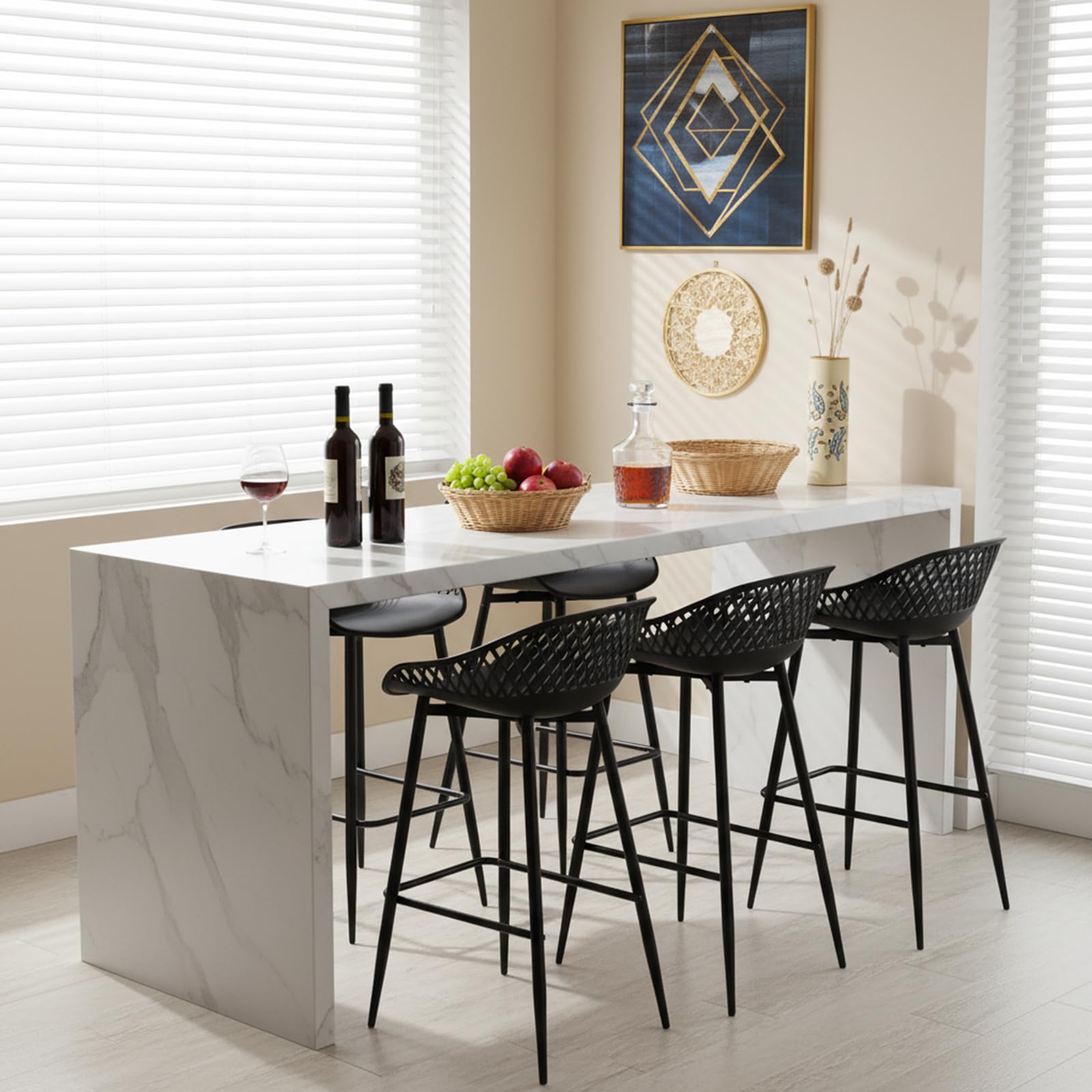 buybyroom Tabouret de Bar avec Dossier et Repose-Pieds, Lot de 4, Chaise Haute pour Cuisine, Îlot Central, Bar et Extérieur, Hauteur Assise 68cm, Pied en Métal, Noir