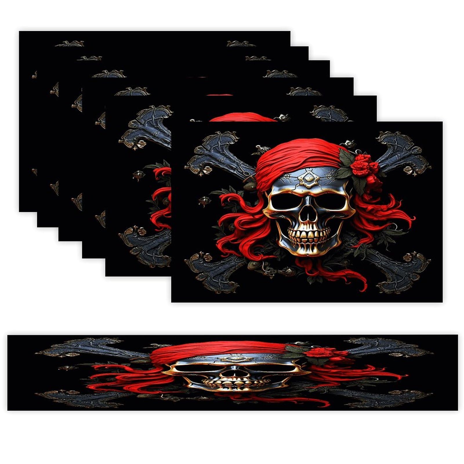 Pirate Skull Table Runner and Placemats Set of 6 Heat Resistant Table Runner Place Mats Modern Cloth Table Mat Washable Linen Placemat Festive Reusable Set