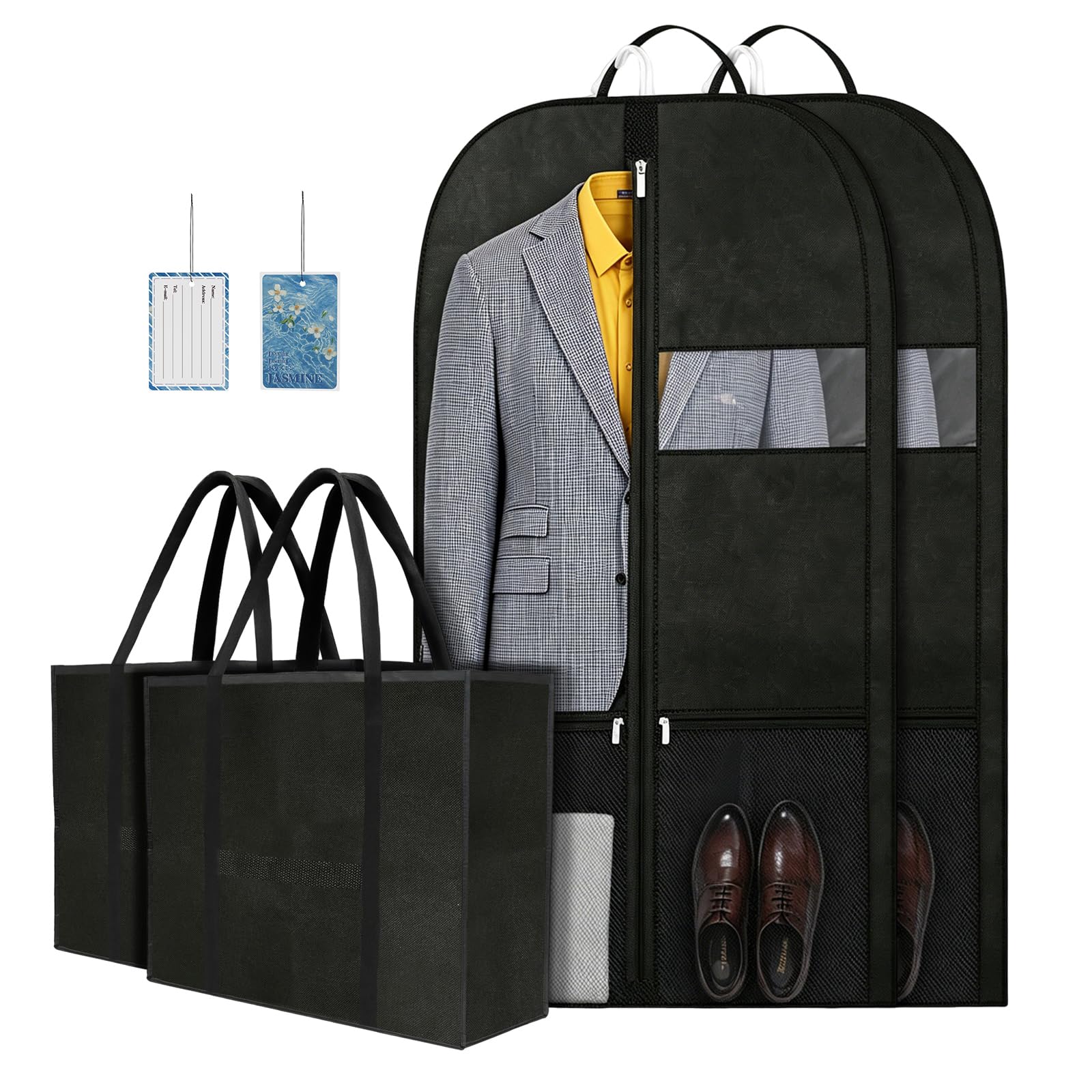 Garment Bag for Men, Suit Bag for Travel and Business Trips, Foldable Garment Bag with Shoe Compartment, Wrinkle Suit Carrier, Professional Black Travel Garment Bag for Men with ID Card Window