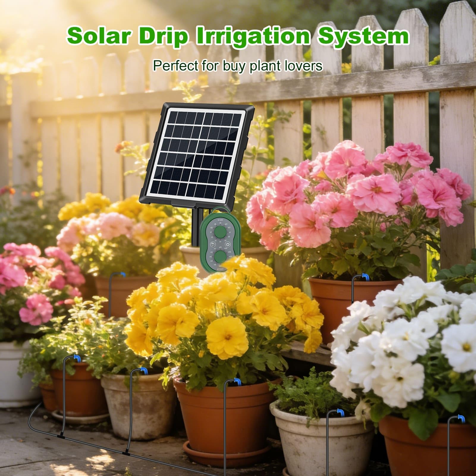 Automatisches Solar-Tropfbewässerungssystem, 15 m, solarbetriebenes automatisches Pflanzenbewässerungs-Set, unterstützt 15 Töpfe, Innen- und Außenbewässerungsset für Garten, Balkon und Terrasse